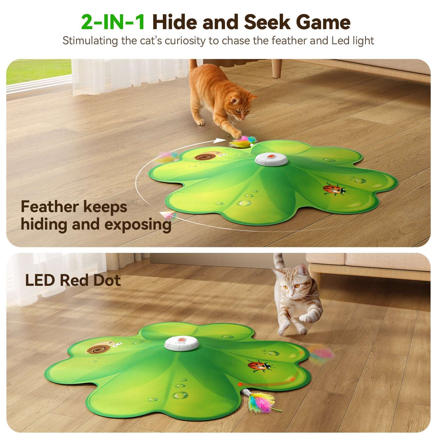 FeelNeedy 2 in 1 Interactive Cat Toys for Indoor Cats, Automatic Rechargeable Hide and Seek Cat Toy with Moving Concealed Feathers and Red Dot for Cats and Kittens Self Playing