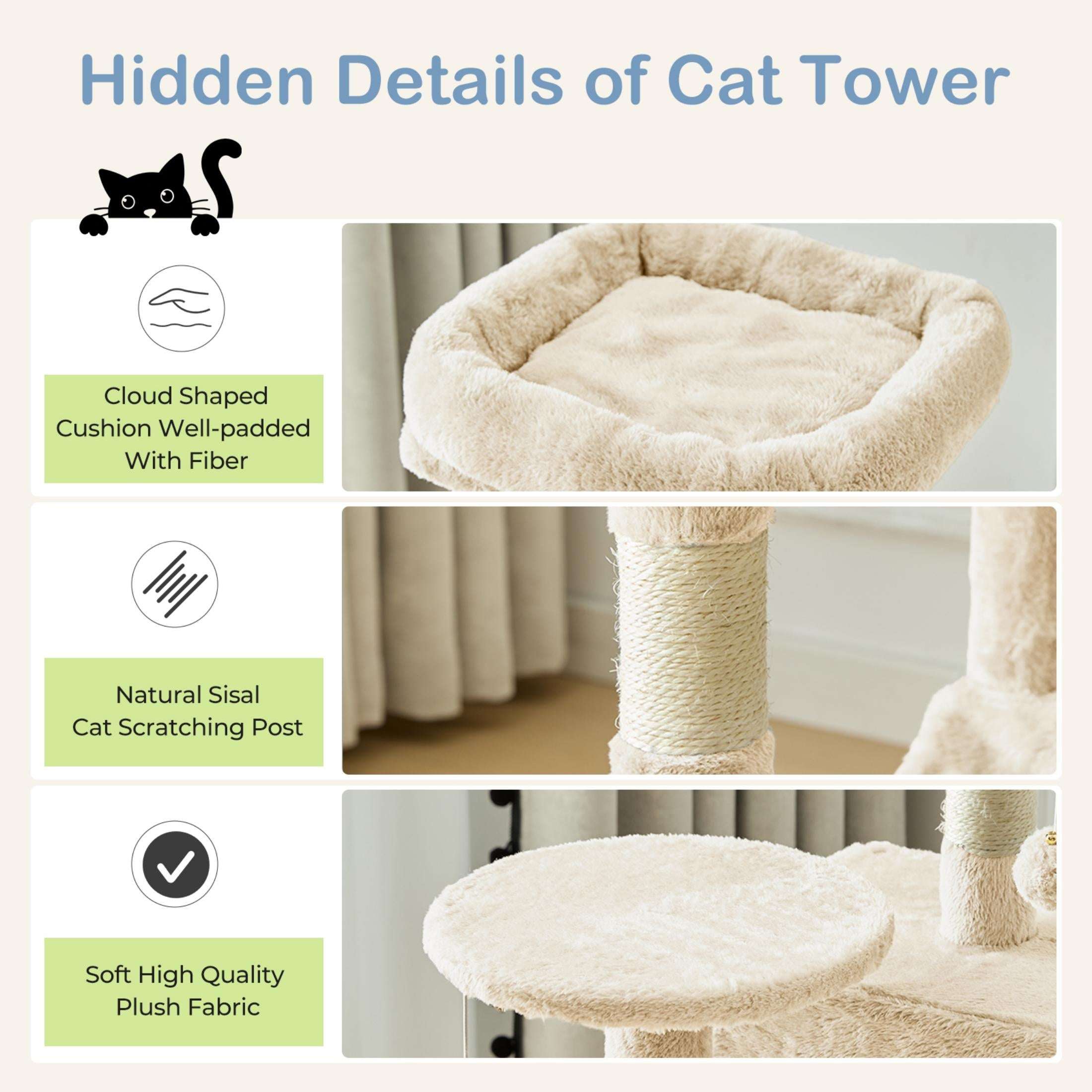 EDX 44" Cat Tree Tower for Indoor Cats, Multi-Level Durable Climbing Tower, Pet House with Natural Sisal Scratching Post, Cozy Condo, Extended Platform, Kitten Toy and Hammock, Beige