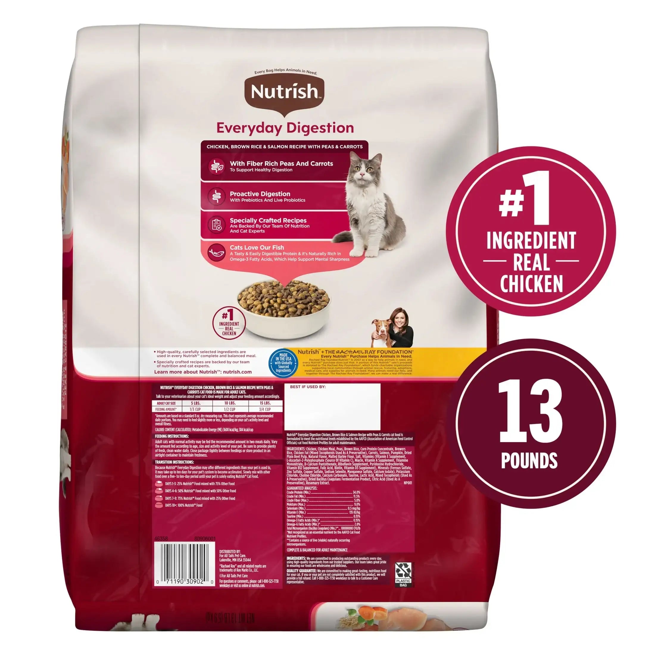 Nutrish Everyday Digestion Chicken Brown Rice and Salmon Recipe with Veggies Dry Cat Food, 13lb Bag