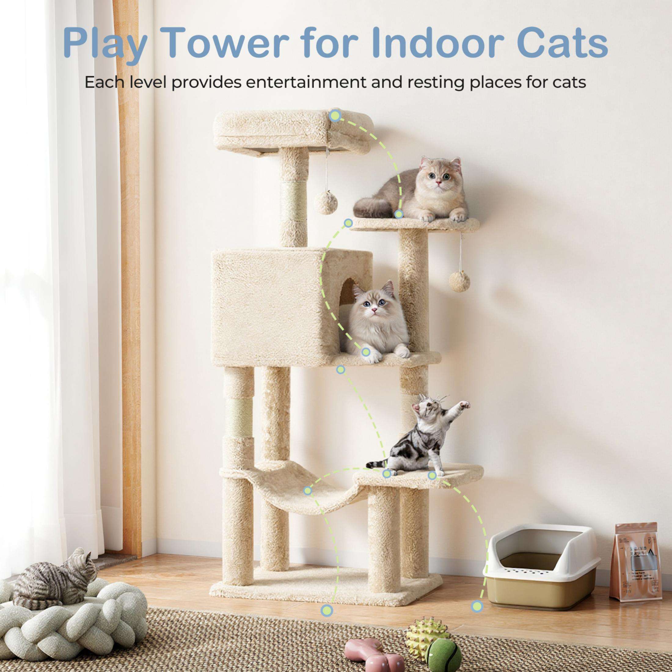EDX 44" Cat Tree Tower for Indoor Cats, Multi-Level Durable Climbing Tower, Pet House with Natural Sisal Scratching Post, Cozy Condo, Extended Platform, Kitten Toy and Hammock, Beige