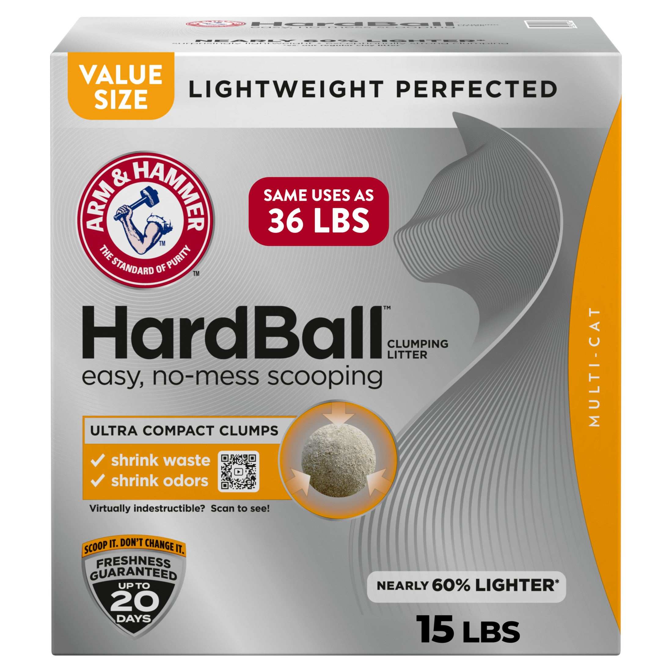 ARM & HAMMER Hardball Lightweight Cat Litter, Clumping, No-Mess Scooping, Multi-Cat, 15 lb