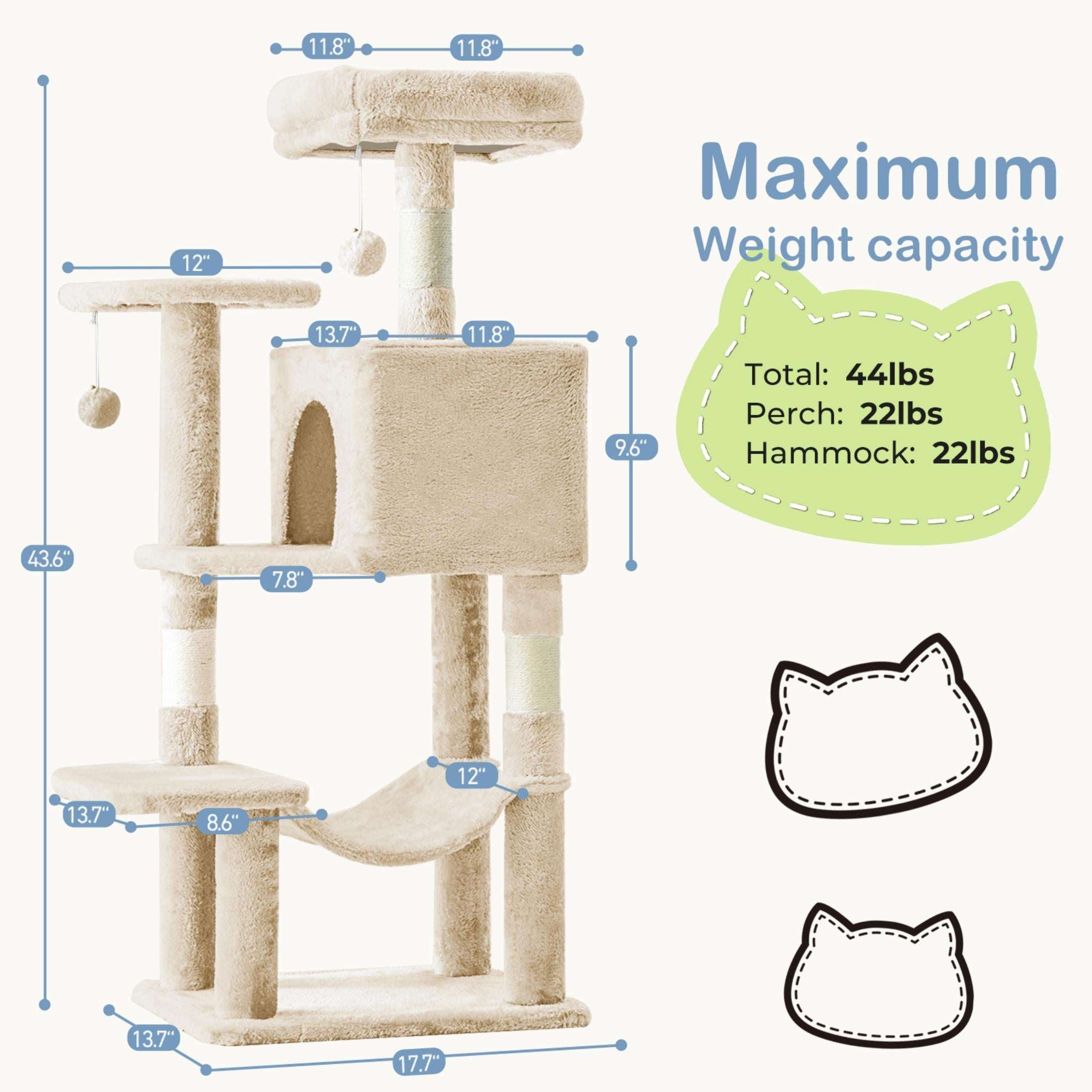 EDX 44" Cat Tree Tower for Indoor Cats, Multi-Level Durable Climbing Tower, Pet House with Natural Sisal Scratching Post, Cozy Condo, Extended Platform, Kitten Toy and Hammock, Beige
