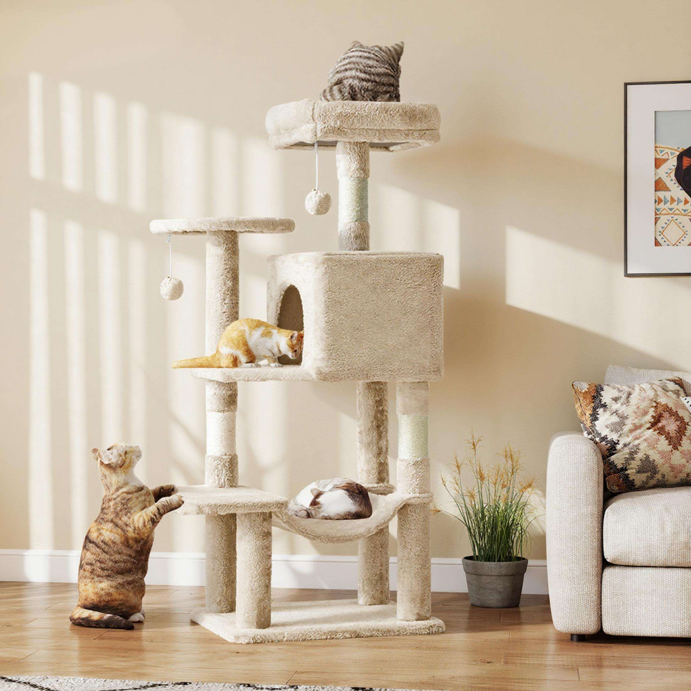 EDX 44" Cat Tree Tower for Indoor Cats, Multi-Level Durable Climbing Tower, Pet House with Natural Sisal Scratching Post, Cozy Condo, Extended Platform, Kitten Toy and Hammock, Beige