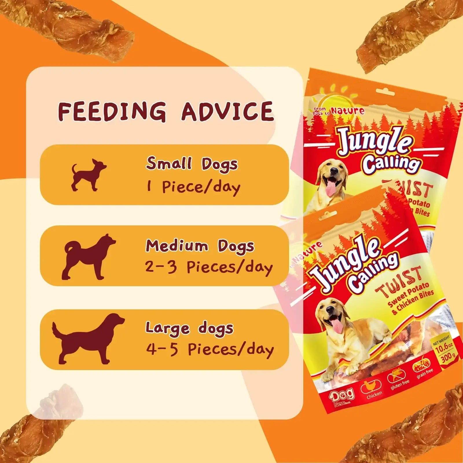 Jungle Calling Dog Treats, Chicken Wrapped Sweet Potato, Gluten and Grain Free, Chewy Dog Bites for Balanced Nutrition, 10.6 oz